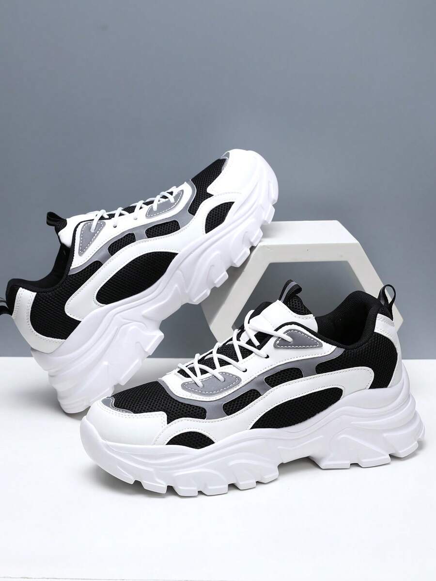 Men Lace Up Color Block Chunky Sneakers, Mesh Sporty Sneakers For Outdoor - Black and White - View 1