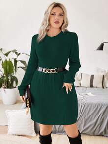 SHEIN Unity Plus Solid Ribbed Knit Sweater Dress Without Belt - Dark Green - View 3