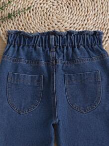 SHEIN Young Girl Casual Boho Daily Dark Wash Paperback With Waist Flat Pockets Mom Jeans Summer Holiday - Dark Wash - View 5