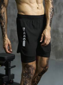 Manfinity Sport Corelite 男士字母图案二合一运动短裤，带手机口袋，黑色运动短裤 - 黑色 - 查看 8