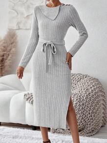 SHEIN Clasi Asymmetrical Neck Split Thigh Belted Dress Fall Cloth For Women - Grey - View 3