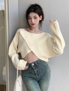 Dazy Star Solid Batwing Sleeve Crossover Crop Sweater - White - View 6