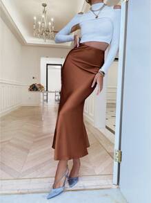 Sollinarry 简约纯色基本款修身长裙，休闲时尚，夏季日常穿着 - 咖啡棕 - 查看 1