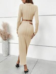 SHEIN Privé Conjunto De Top Acanalado Con Recortes Y Falda Con Abertura Para Mujeres - Albaricoque - Ver 2