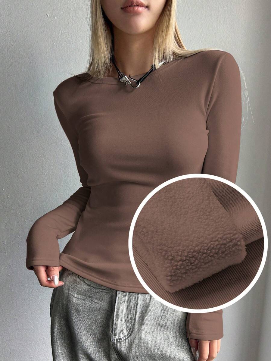 DAZY Thickened Long Sleeve Solid Color Top,Thermal Lined Fall,Winter - Chocolate Brown - View 1