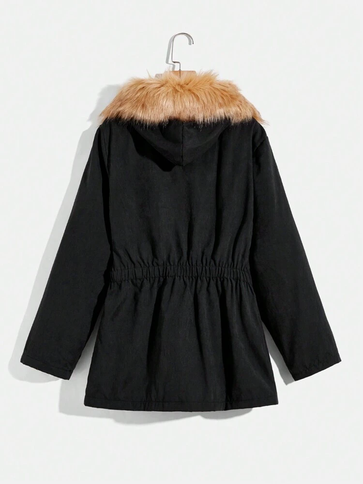 Men Fuzzy Hooded Flap Pocket Zip Up Coat