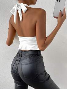 Allurite 深V領側收褶荷葉邊後背繫帶繞頸短上衣