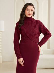 Mulvari 勃艮第红色高领粗针织毛衣和毛衣连衣裙 - 酒紅色 - 查看 6