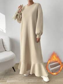 SHEIN ChicEase Slant Pocket Drop Shoulder Ruffle Hem Dress Maxi Women Outfit - Khaki - View 3