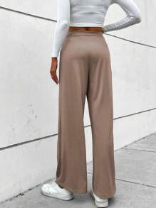 SHEIN LUNE High Waist Plicated Detail Wide Leg Pants - Khaki - View 2