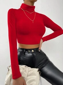 SHEIN Unity 素色高領短款T恤 - 紅色 - 查看 4