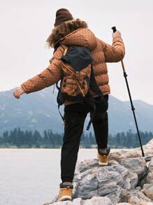 In My Nature 拼色字母图案拼色连帽棉服大衣 - 卡其色 - 查看 2