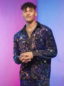 FeverCity Men Button Up Sequin Shirt - Multicolor - View 3