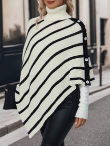 SHEIN LUNE Striped Pattern Turtleneck Batwing Sleeve Asymmetrical Hem Poncho Sweater - Black and White - View 6