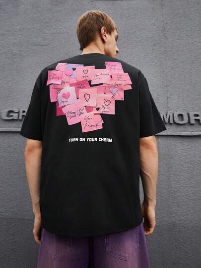 Manfinity RebelGame 男士愛心和標語圖案T恤