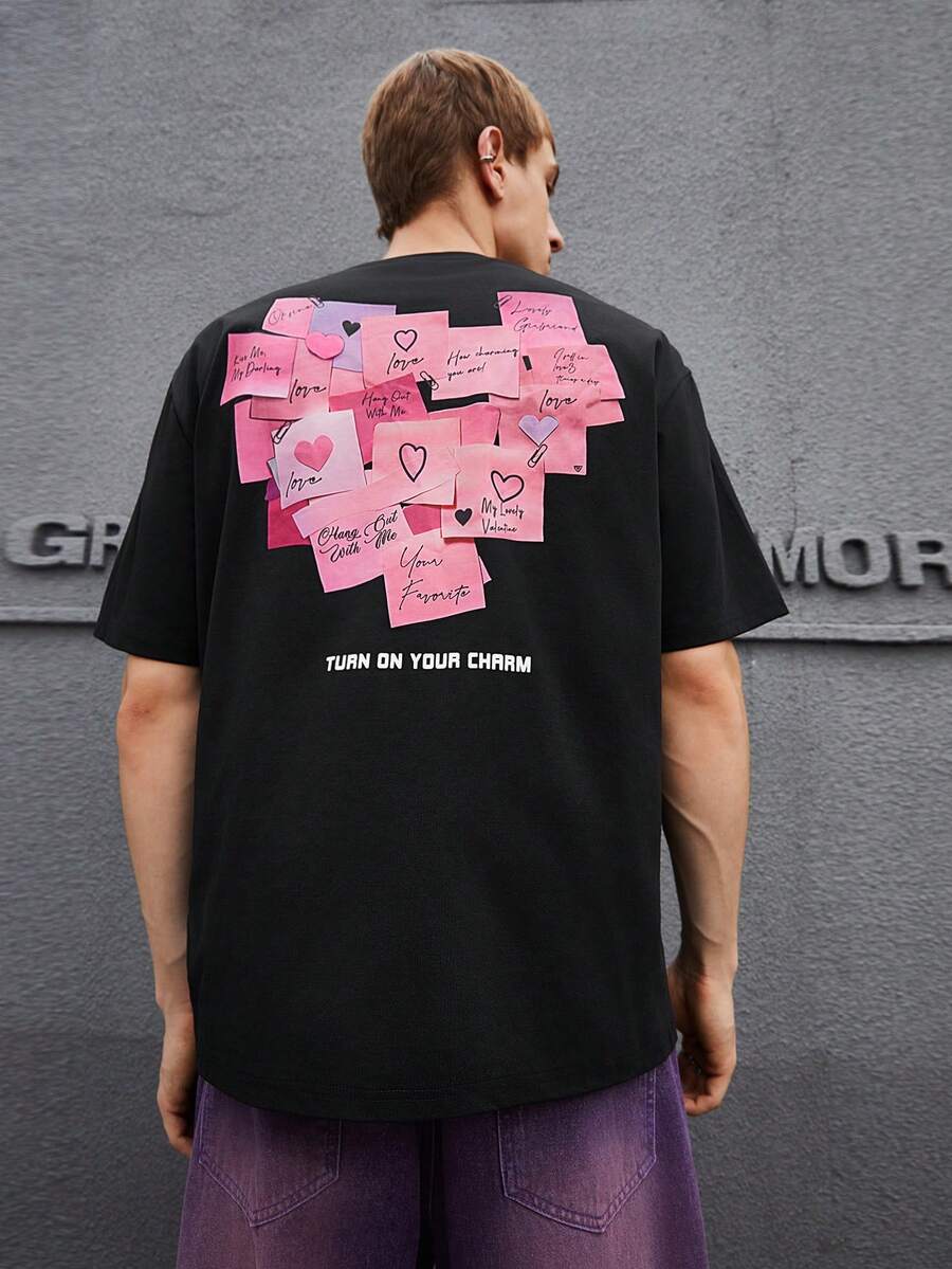 Manfinity RebelGame 男士愛心和標語圖案T恤 - 黑色 - 查看 1