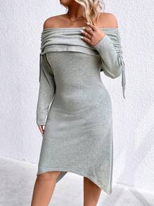 SHEIN Clasi Plus rochie pliată cu șnur cu umăr - Gri - Vizualizare 3