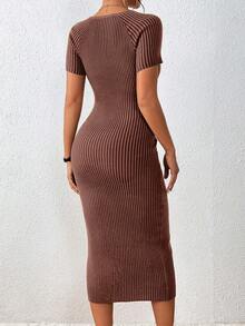 SHEIN Privé Vestido de punto escote corazón tejido de canalé - Color caoba - Ver 2