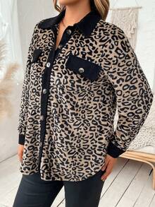 SHEIN Franclia 大碼豹紋印花落肩袖翻蓋細節拼接邊外套 - 紫紅色 - 查看 6