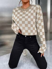 SHEIN Unity Mô hình bàn cờ Thả vai Áo len - Nhiều màu - Xem 3