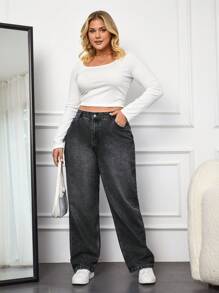EURMUSE Plus Size  Wide Leg Washed Denim Jeans - Dark Grey - View 5