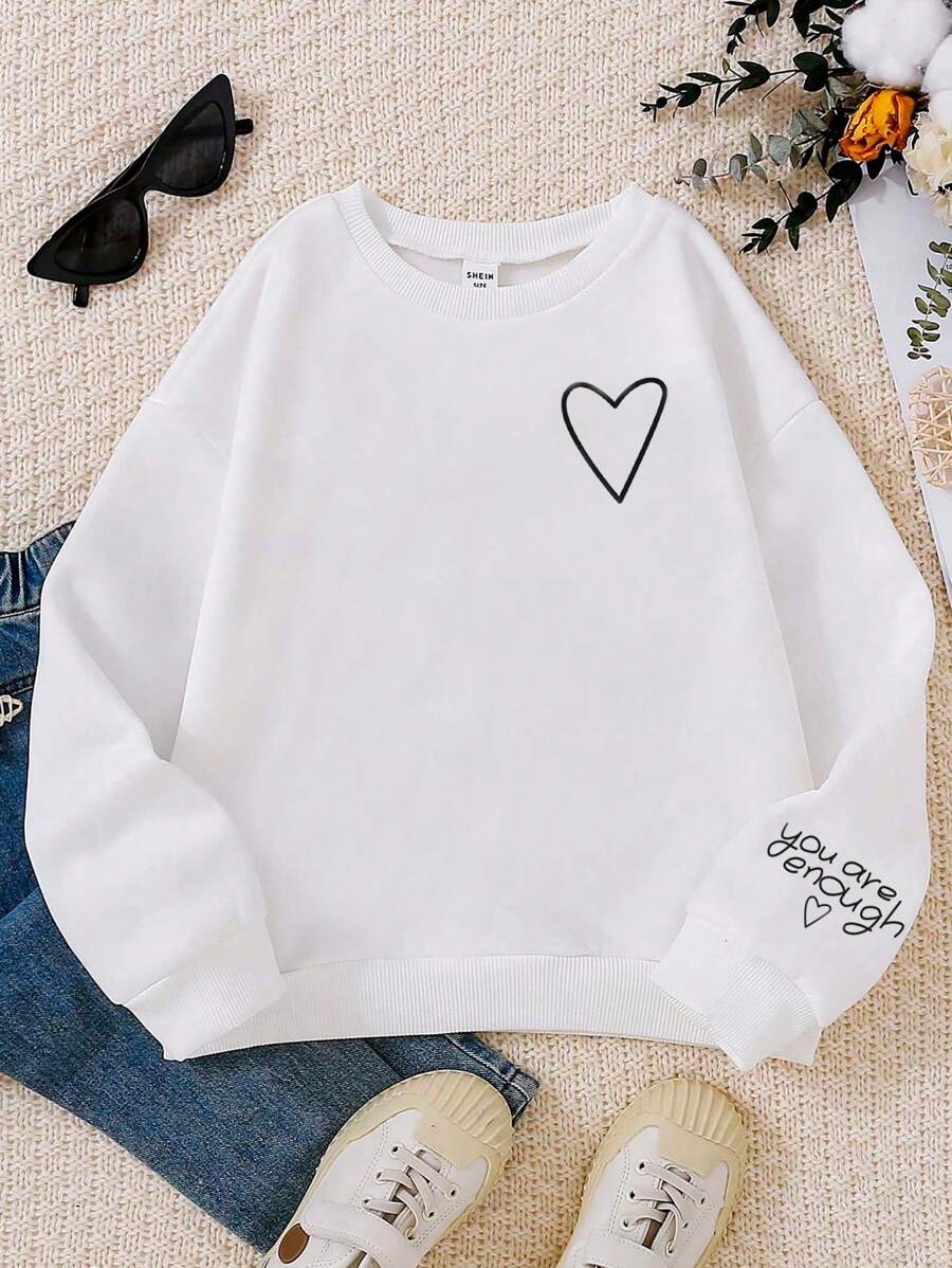 SHEIN 女大童愛心和字母圖案加絨內裏運動衫 - 白色 - 查看 1