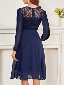 圓領長袖蕾絲拼接連衣裙 - 藏蓝色 - 查看 2