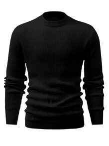 Men Solid Ribbed Knit Drop Shoulder Sweater - Black - View 4