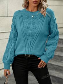 SHEIN LUNE Chất rắn Tay Raglan Dệt kim chấm bi Áo len - Màu xanh ngọc - Xem 4