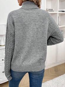SHEIN LUNE Turtleneck Cable Knit Drop Shoulder Sweater - Grey - View 2