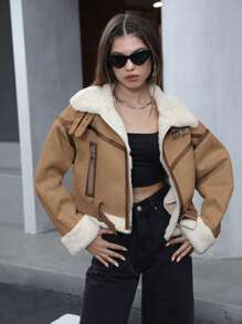 SHEIN Unity Teddy Lined Zip Up Buckle Detail Drop Shoulder Jacket - Khaki - View 1