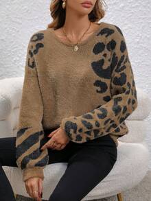 EMERY ROSE 豹紋圖案落肩袖套頭毛衣 - 駝色 - 查看 5
