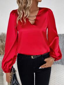 SHEIN Privé Chain Detail Lantern Sleeve Satin Blouse - Red - View 1