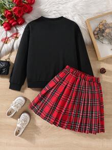 SHEIN Cô gái Tween Vải len vuông In Trái tim Áo Sweatshirt & Váy - Nhiều màu - Xem 2