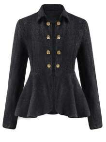 SHEIN LUNE Plus Herringbone Double Breasted Peplum Hem Coat - Black - View 1