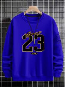 Manfinity Homme 男士字母圖案加絨內裏運動衫 - 藏蓝色 - 查看 5