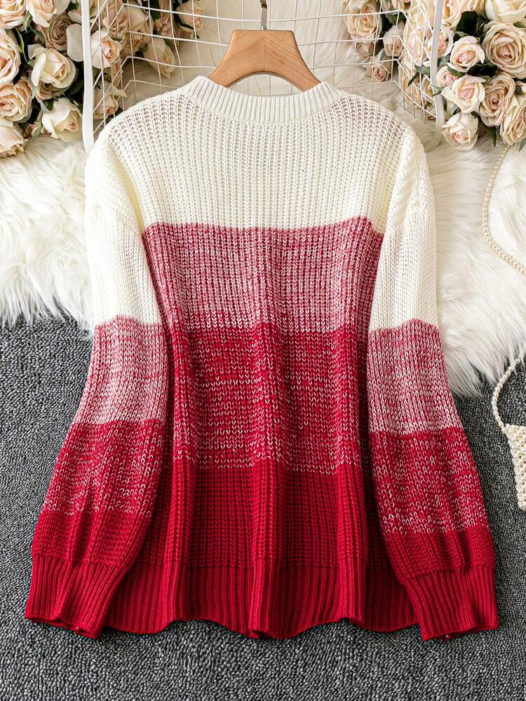 Plus Color Block Drop Shoulder Sweater Knit Pullover Fall Winter Sweater