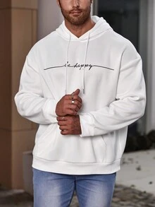 Manfinity Men Plus Letter Graphic Kangaroo Pocket Drawstring Hoodie - White - View 3