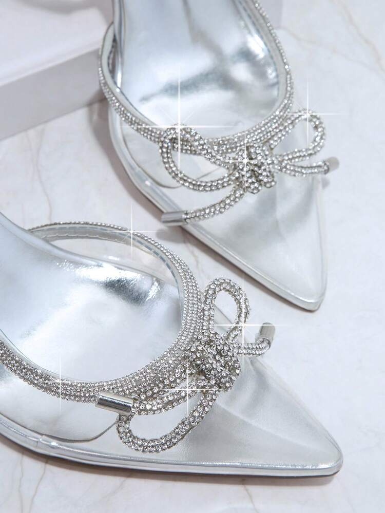 水鑽裝飾透明帶后提帶高跟單鞋 - 銀色 - 查看 2