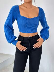 SHEIN Privé 雞心領口燈籠袖短款T恤 - 藍色 - 查看 1