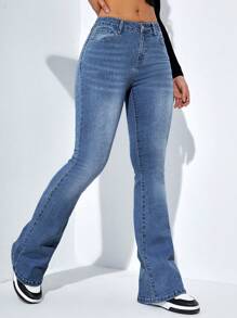 SHEIN ICON Moustache Effect Flare Leg Jeans - Dark Wash - View 5