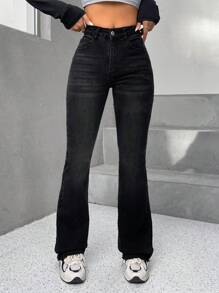 SHEIN PETITE 斜口袋牛仔喇叭褲