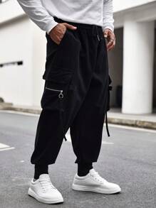 Manfinity LEGND 鬆身男士大尺碼貨物褲,帶蓋口袋和扣細節 - 黑色 - 查看 5