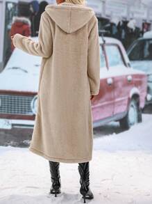 SHEIN LUNE Solid Hooded Teddy Duffle Coat - Apricot - View 2
