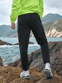 In My Nature Men Letter Graphic Colorblock Drawstring Hooded Outdoor Pants - Black - View 2