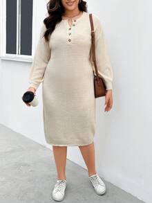 SHEIN LUNE Hơn Nút Nửa Thả vai Đầm Áo len - Màu be - Xem 5