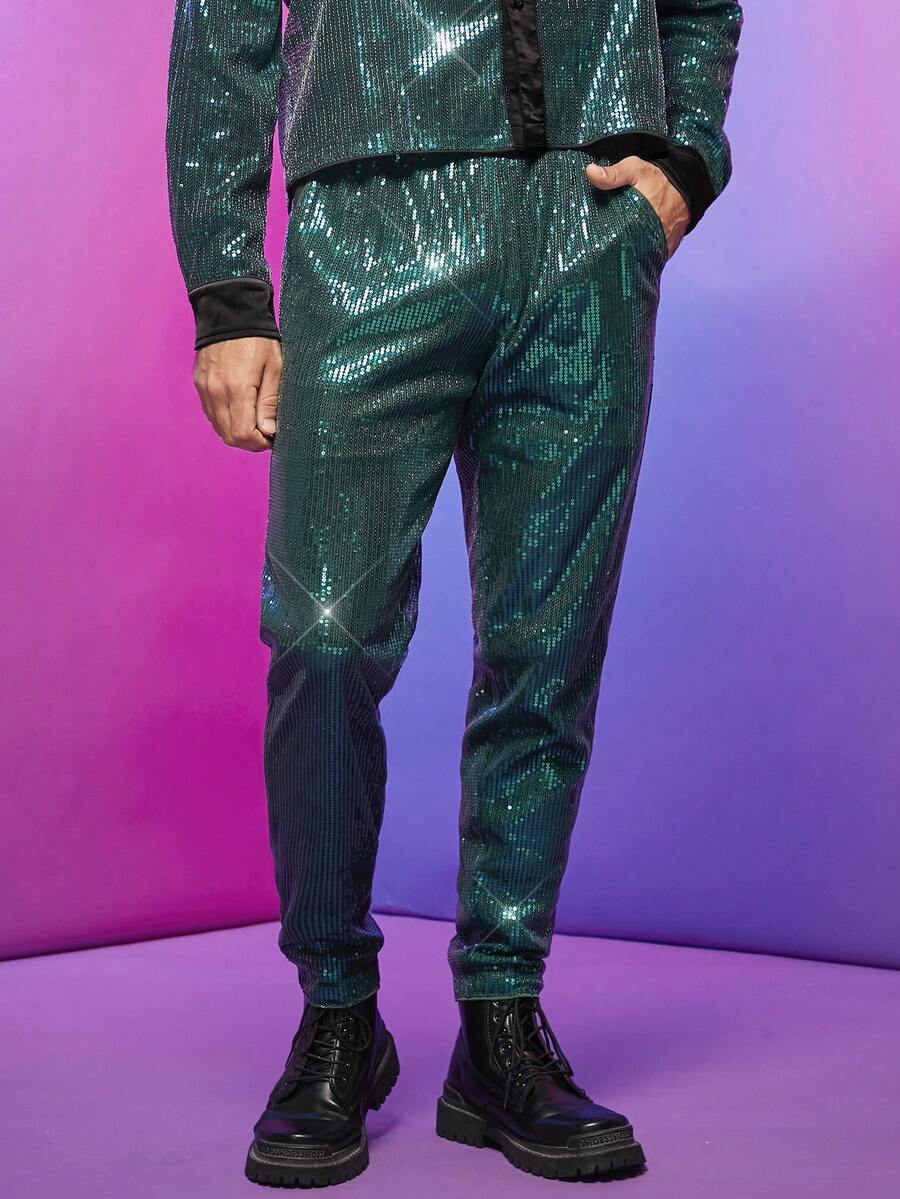 FeverCity Men Slant Pocket Sequin Pants - Green - View 1
