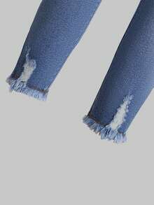 女小童毛邊破洞牛仔褲 - 深色水洗藍 - 查看 3