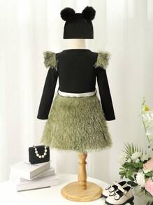 SHEIN Young Girl Two Tone Fuzzy Trim Dress & Hat - Multicolor - View 2