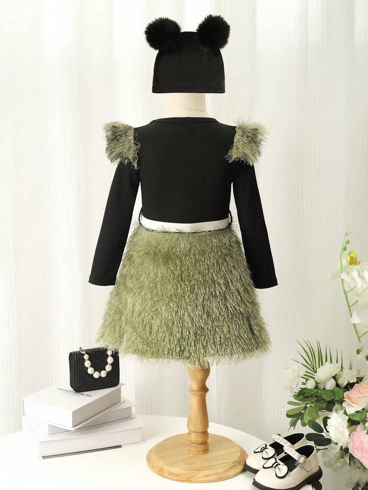 Young Girl Two Tone Fuzzy Trim Dress & Hat